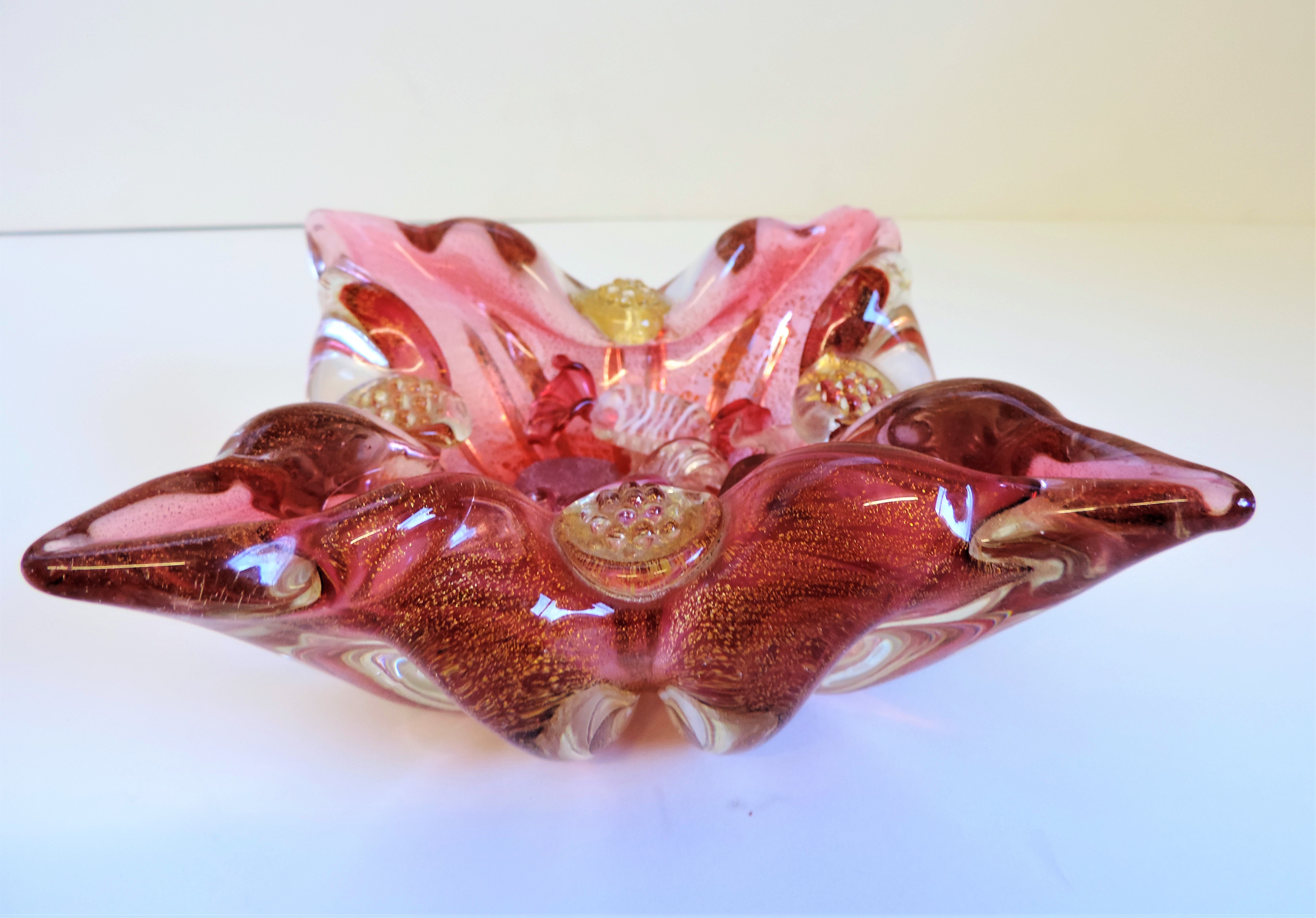 Vintage Barovier Toso Murano Red Gold Flecks Italian Art Glass Bowl - Image 3 of 9