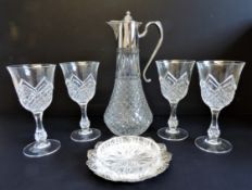 Vintage Claret Jug and Crystal Wine Glasses Drinks Set