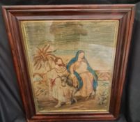 Antique Early Victorian Religious Tapestry Mary Joseph & Jesus