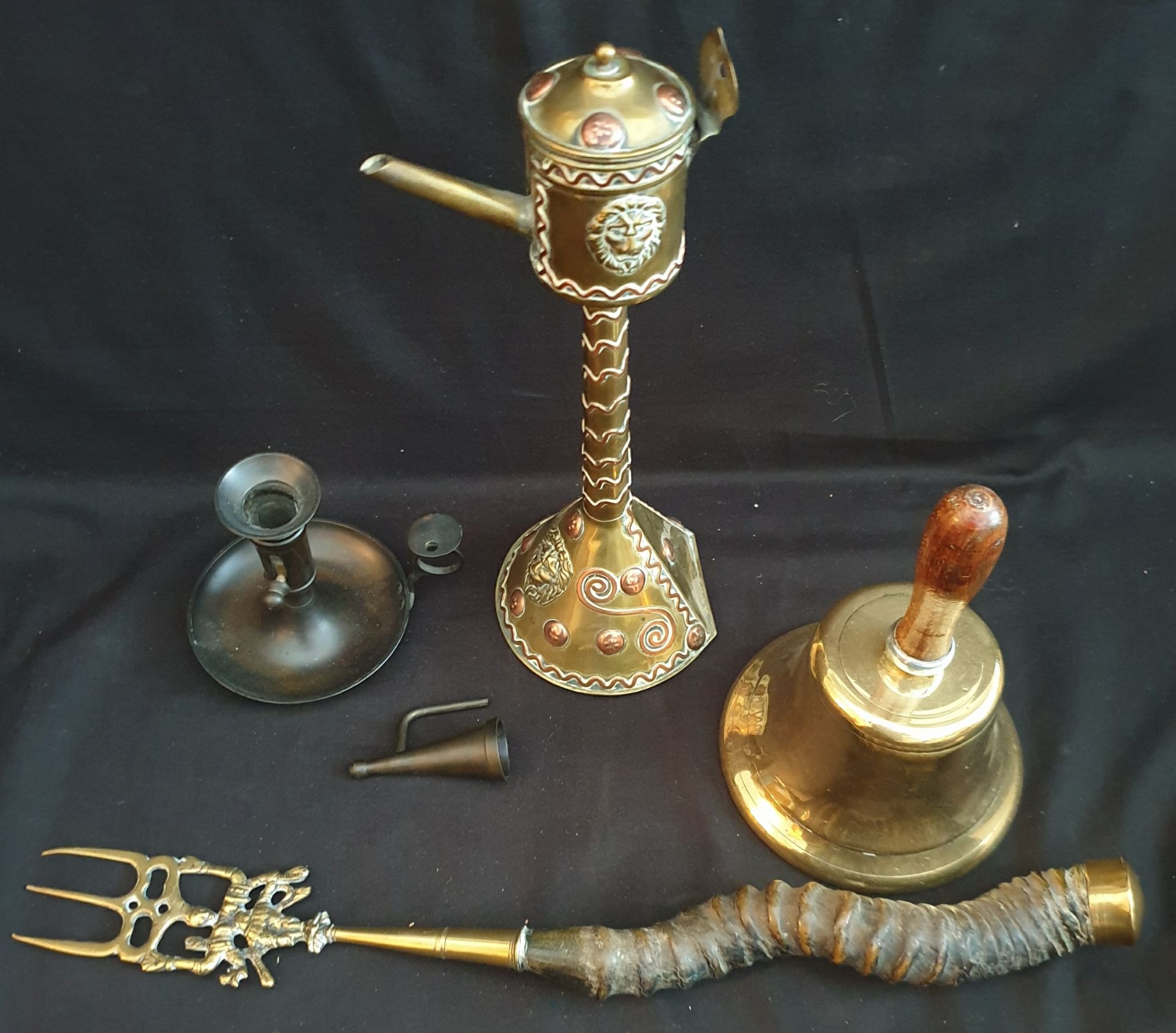 Antiques Arts & Crafts Style Brass & Copper Oil Lamp School Bell Horn Handled Toasting Fork