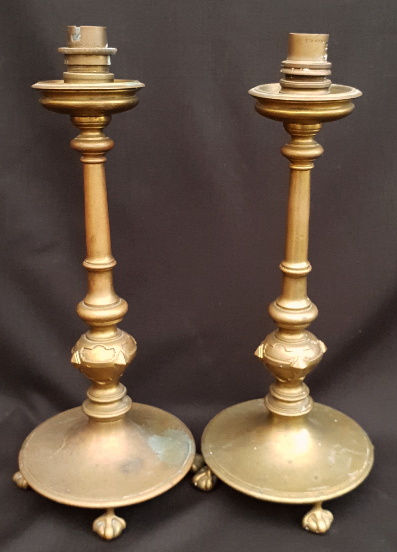 Antique Pair Converted Brass Candlestick Table Lamps