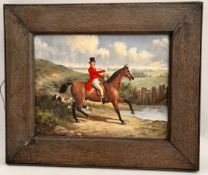 Antique Fine Art Oil on Board Rider & Hounds Signed Lower Right Belle