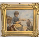 Vintage Framed Cornish Print Girl on Harbour Darning