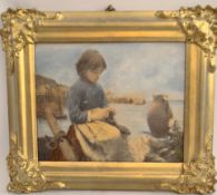 Vintage Framed Cornish Print Girl on Harbour Darning