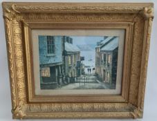 Vintage Framed Print Cornish Street & Harbour Scene