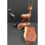 Vintage 4 x Carved Wood Figures Includes Elephant & Owl Puzzle Box