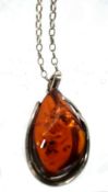 Vintage Silver Cherry Honey Amber Pendant Necklace