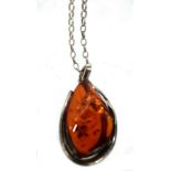 Vintage Silver Cherry Honey Amber Pendant Necklace