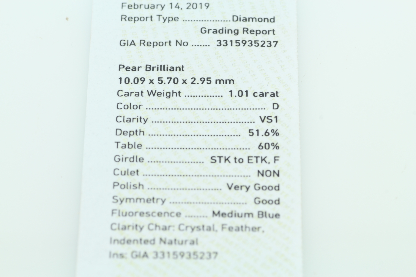 GIA Pear Shape Diamond D VS1 1.01 Carats - Image 3 of 3