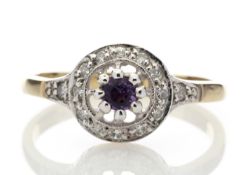 9ct Yellow Gold Round Cluster Claw Set Diamond Amethyst Ring 0.21 Carats