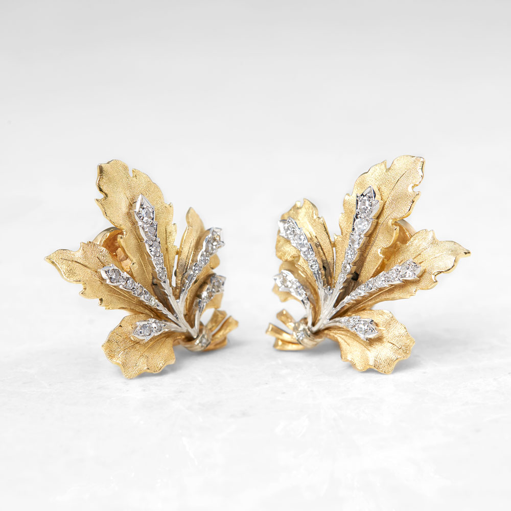 Buccellati 18k Yellow Gold Diamond Leaf Design Clip On Earrings - Image 8 of 8