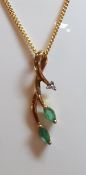 9ct (375) Yellow Gold Emerald & Diamond Vine Pendant on 18" Curb Chain Necklace