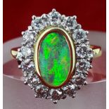 18ct (750) Yellow Gold Black Opal & 1.4ct Diamond Cluster Ring - Hand Made with Insurance Valuation