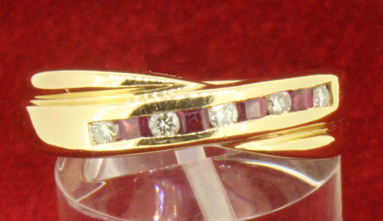 18ct 750 Yellow Gold Ruby and Diamond Channel Set Crossover Eternity Ring