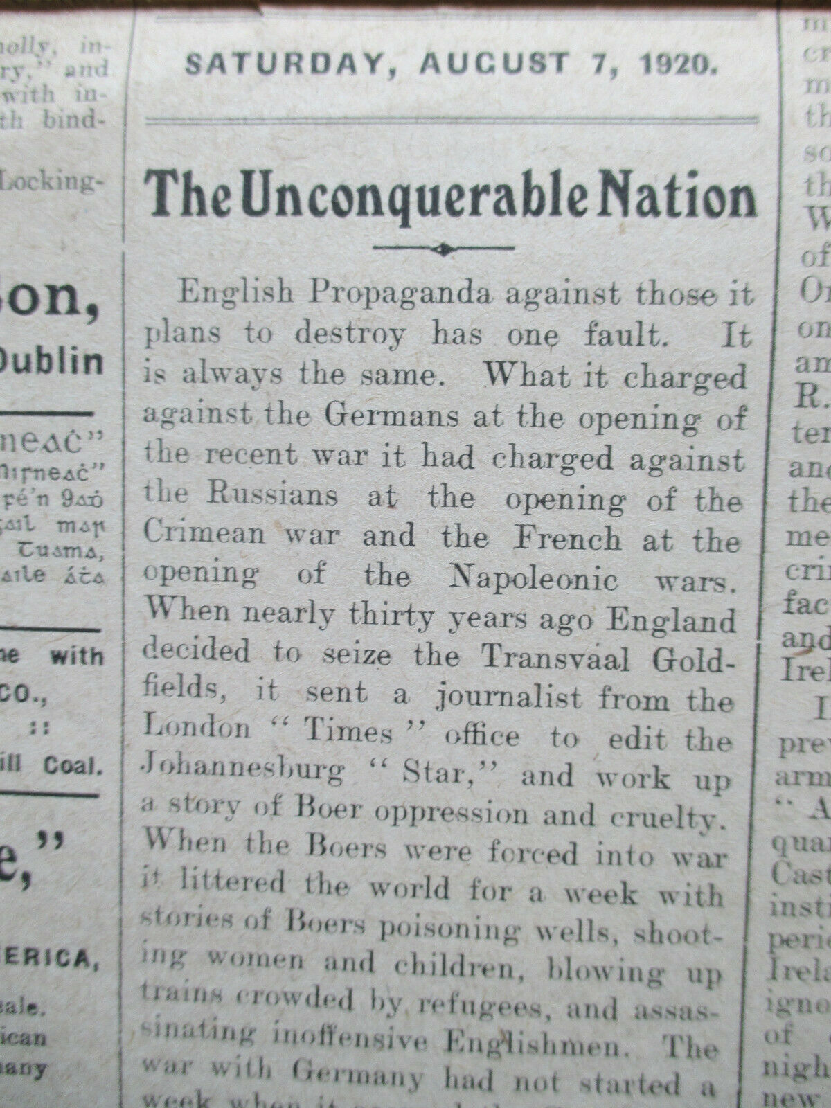 1920 'Eire Og-Young Ireland' Irish Revolutionary Original Newspaper - Image 5 of 5