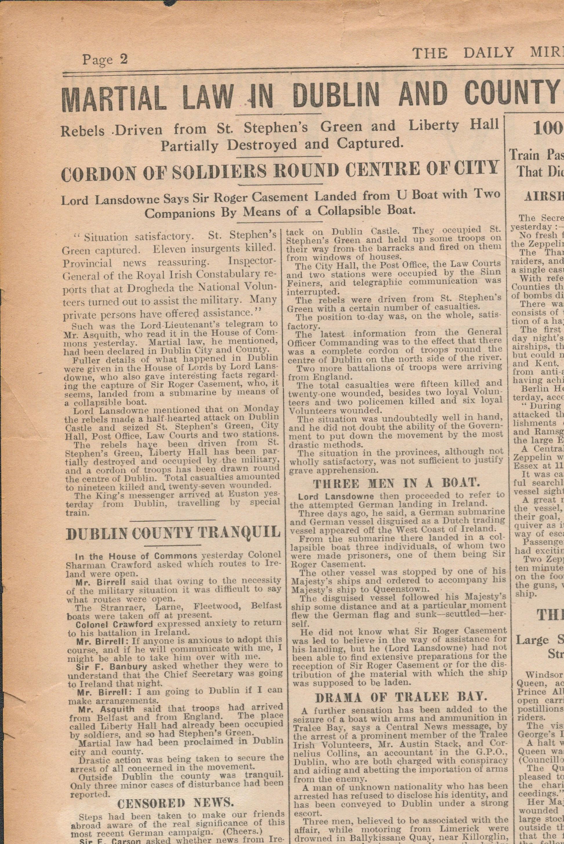1916 Easter Rising Original Newspaper "Martial Law In Dublin" Casement Arrested - Image 2 of 3