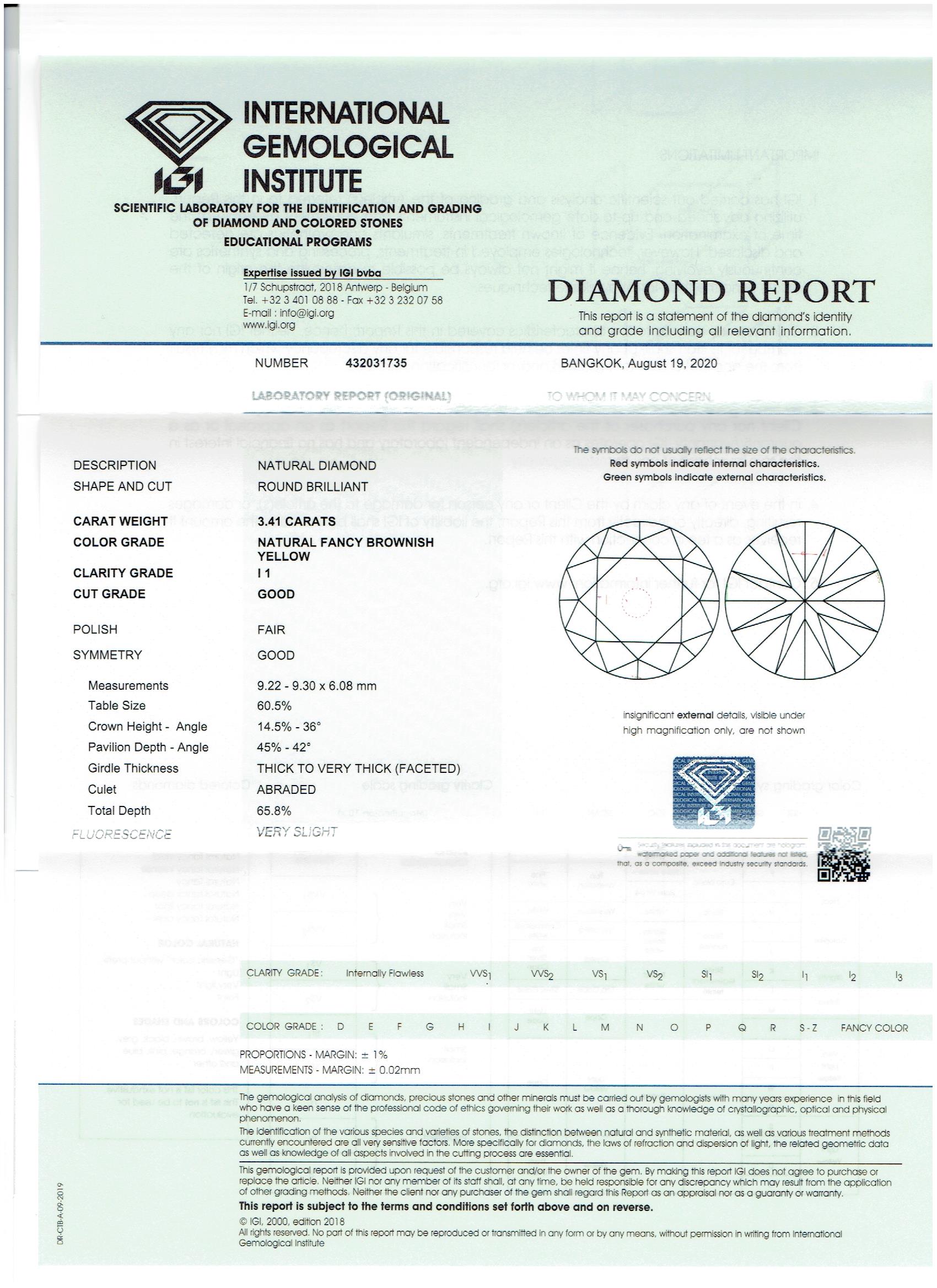 IGI Certified 3.41Cts 100% Natural Fancy Brownish Yellow Colour Diamond - Image 6 of 6