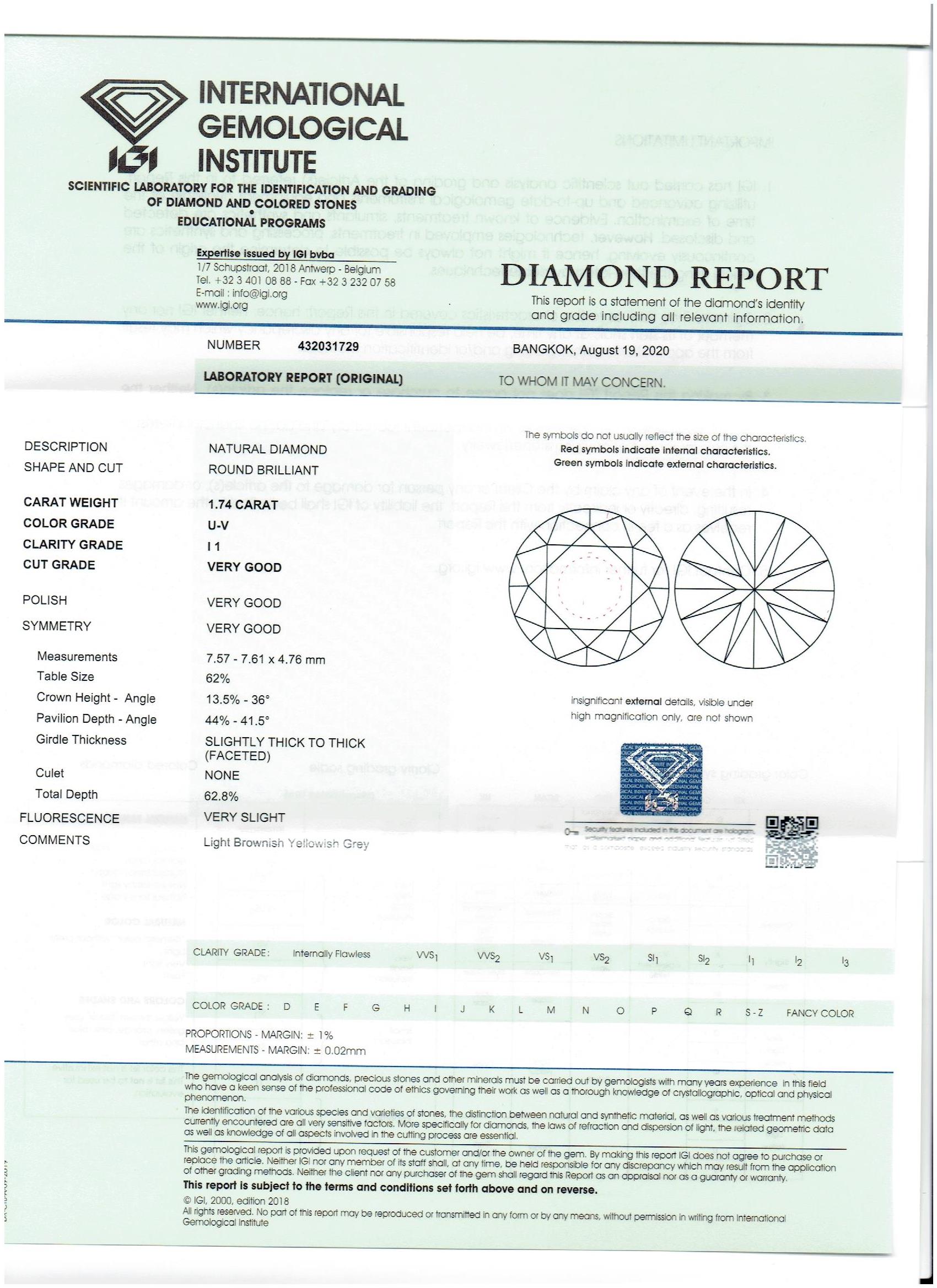 IGI Certified 1.74Cts 100% Natural U-V Colour Diamond I1 - Image 6 of 6
