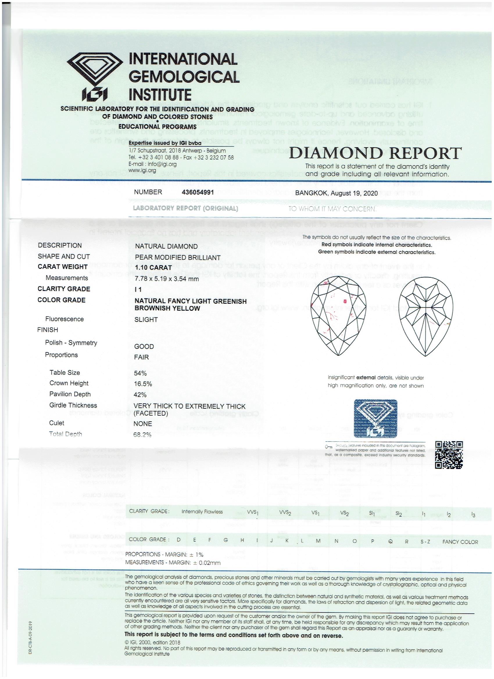 IGI Certified 1.10Cts 100% Natural Fancy Light Greenish Brownish Yellow Colour Diamond - Image 4 of 4