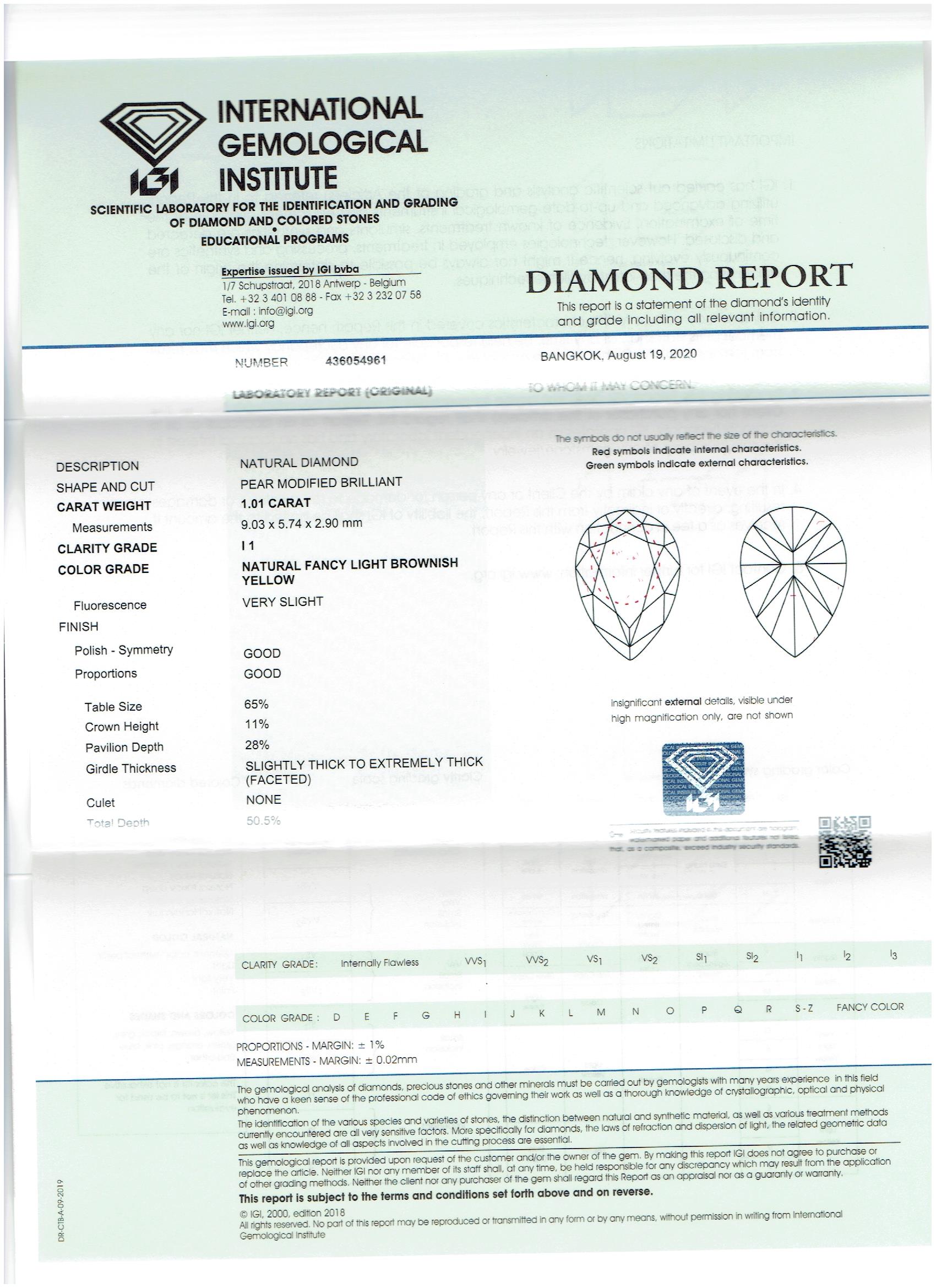 IGI Certified 1.01Cts 100% Natural Fancy Light Brownish Yellow Colour Diamond - Image 4 of 4