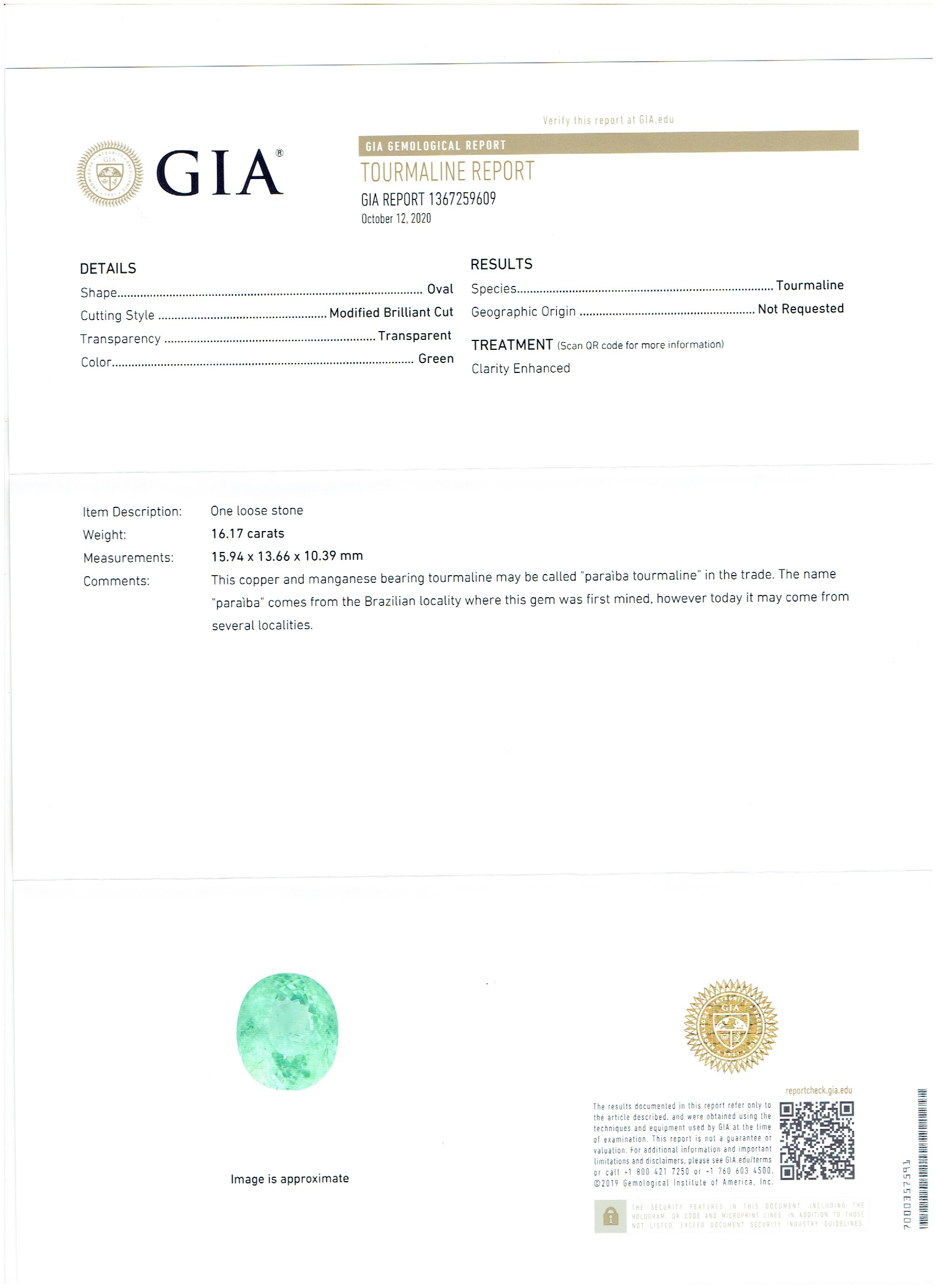 Huge Beautiful GIA Certified 16.17Cts 100% Natural Green Colour Paraiba Tourmaline - Image 7 of 7