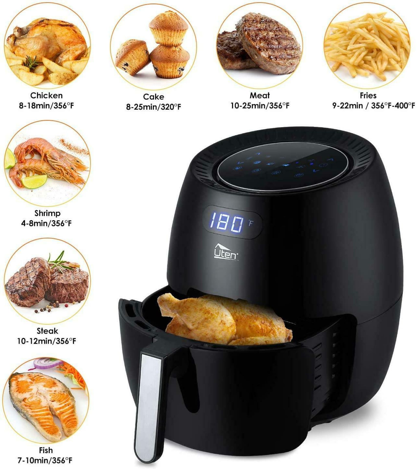 Uten air fryer 6.5l electric oven oilless cooker temp/time control touchscreen rrp £99.99