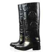 Chanel - Calfskin Camellia High Boots Black