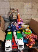 A Qty Of Mixed Kids Toys To Inc Fire Engine, Garbage Trucks, Marvel Bag, Police Helmet & Soft Baseb