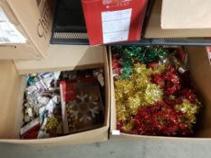 Contents Of 2 Large Boxes. A Large Qty Of Christmas Tinsel, Baubles & Mixed Tree Decorations