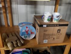 Approx. 48 Festive Mugs, Approx. 50 X Plastic Christmas Platers & 4 X Gold Table Runners