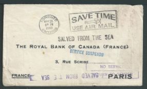 Wreck Mail / World War Two 1940 (May 28) Cover from Canada to France, recovered from S.S "Eros" tor