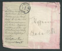 Crash & Wreck 1896 Cover from London to Budapest showing water damage and peripheral faults, stamps