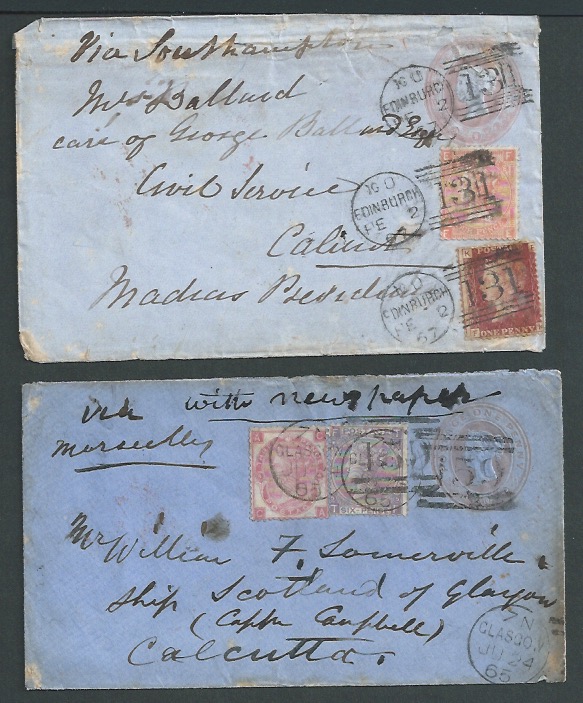 India / G.B. - Postal Stationery 1865-67 1d Postal Stationery envelopes from Scotland to India, one