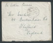 Cyprus 1920 Stampless On Active Service envelope (wear and tear, roughly opened at bottom) to Engla
