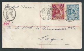 Niger Coast 1896 Registered cover to Lagos "per S.S. Accra" originally franked by a 2.1/2d stamp ca