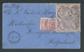 Victoria 1877 Cover to Switzerland "via Italy" with 1873 - 87 Bell perf 12 1/2d pair, 2d block of fo