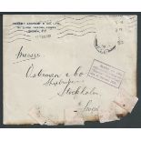 Crash & Wreck 1916 Cover from London to Sweden, the stamp missing and the edge burnt and repaired by
