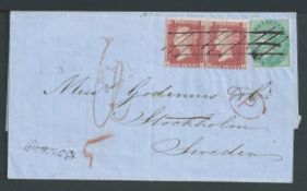 G.B. - London 1859 Entire to Sweden bearing 1/- green (damaged) and 1d red pair all unusually cance