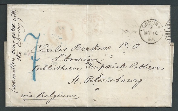 Accountancy Marks 1861-66 Letter posted from St. Petersburg to London in 1861, turned and posted bac