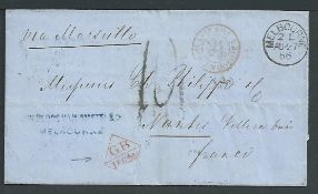 Victoria 1866 Stampless Entire to France "via Marseille" with Melbourne c.d.s., various French marki