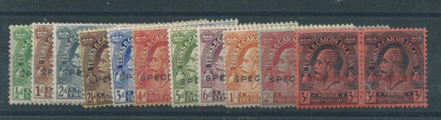 Turks and Caicos Islands 1922 King George V 1/2d to 3/-, all overprinted "SPECIMEN", in pairs and sc