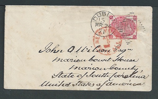 G.B. - Ireland - Dublin / Surface Printed 1871 Cover to S. Carolina with 1870 3d rose tied by "186"