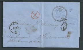 G.B. - Liverpool / Bermuda 1858 Stampless entire letter (two small insect holes) from London to Ber