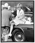 ROYALTY Original black & white press photo of Princess Diana sitting on Prince Charles's sports car