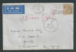 South Africa 1933 Air Mail cover from London to Transvaal franked 1/-, endorsed "over 1/2oz" and han