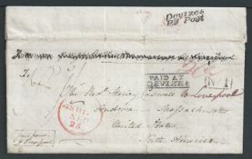G.B. - Wiltshire 1833 Entire Letter from West Lavington to the U.S.A., prepaid 1/-, handstamped "Dev