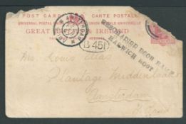 Crash & Wreck 1907 G.B. 1d postal stationery Post Card, water damaged with one corner torn off, sent