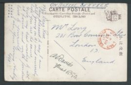 Hong Kong 1917 Stampless picture postcard to London headed "On Active Service" and signed by an offi