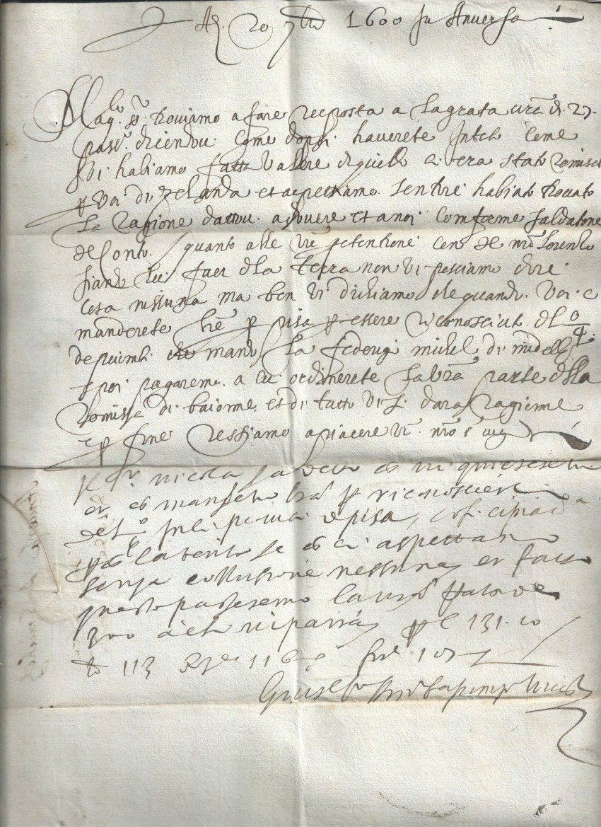 Belgium Antwerp 1600 Entire letter dated September 1600 from merchants Giuseppe Lorenzo Arnolfini an - Image 3 of 4