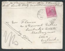 Gibraltar / Italy 1898 (Aug 4) Cover (light vertical fold) from Gibraltar to England franked at the